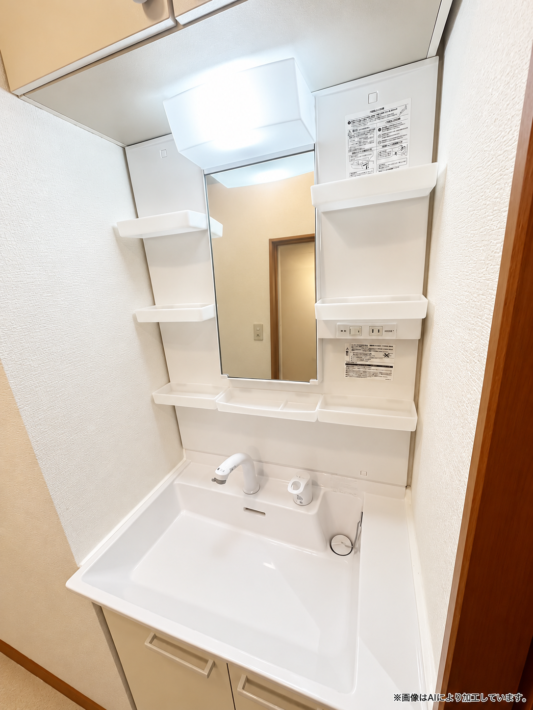 明るく清潔な白い洗面台と鏡収納