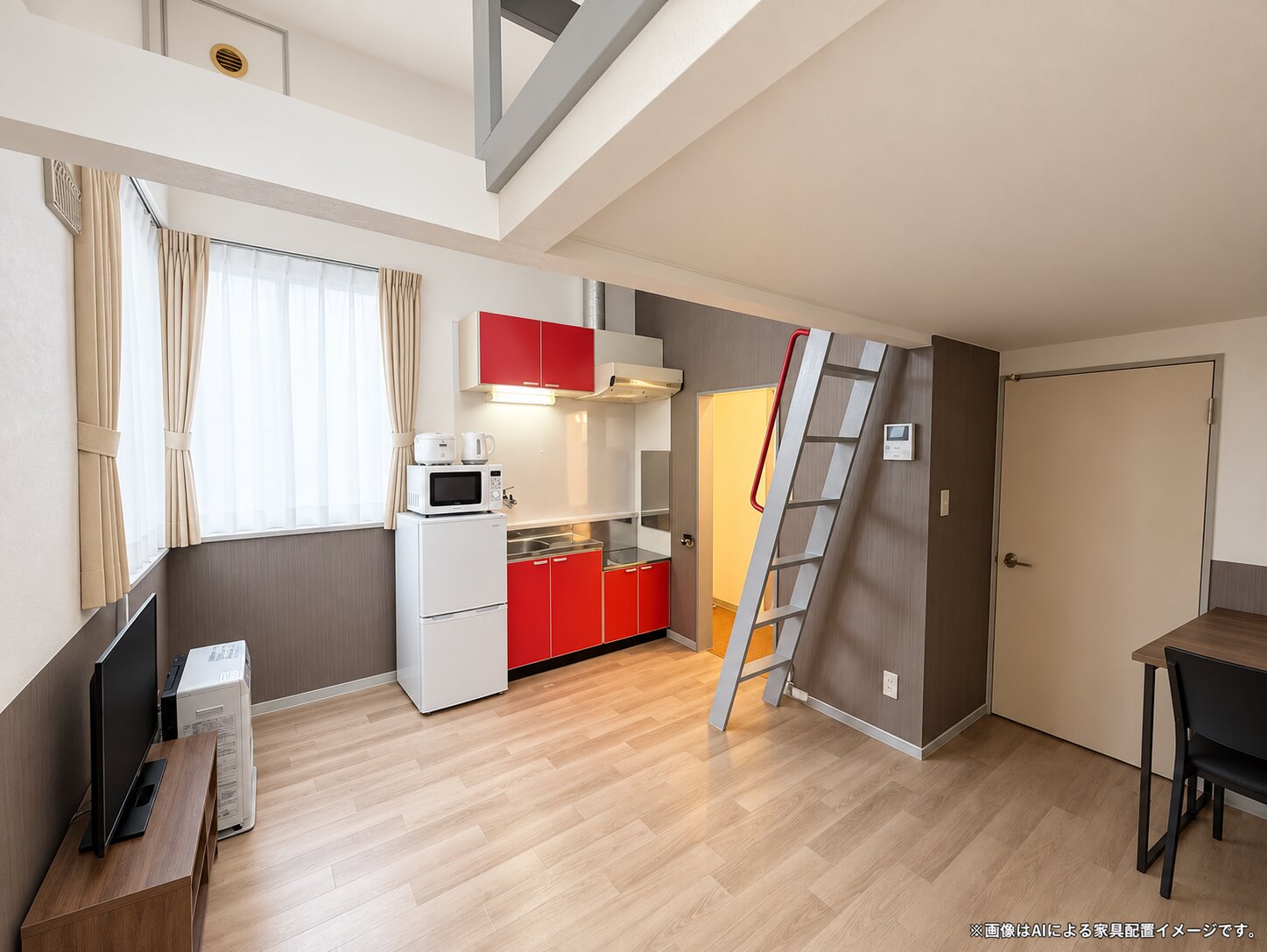 赤いキッチンのモダンなロフト部屋